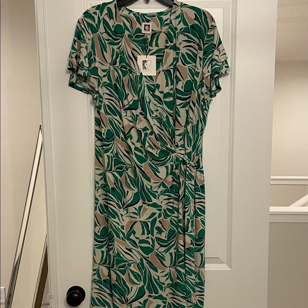 Anne Klein wrap dress in green, tan, black, and white.